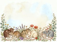 Adorable woodland animals including rabbits, hedgehog and mice nestled among wildflowers and botanical elements on soft watercolor background for nursery decor.