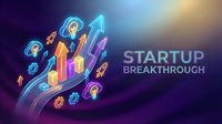 Neon isometric startup growth chart with glowing rockets, coins, and user icons on dark gradient background representing business breakthrough and success.