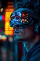Young Caucasian man wearing futuristic VR headset with neon reflections in dark environment, side profile view with dramatic cyberpunk lighting and bokeh effects.