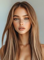 Young Caucasian woman with long honey blonde hair, bright blue eyes and natural makeup looking directly at camera against light background. Professional beauty portrait.