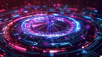 Futuristic circular interface with glowing neon pink and blue lights creating technological pattern against dark background, suggesting advanced digital technology.