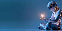 Futuristic robot holding glowing light bulb while sitting in contemplative pose against blue background, symbolizing artificial intelligence and innovation.