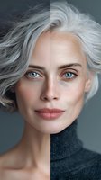 Portrait of mature Caucasian woman with silver hair and blue eyes showing aging process with split-face comparison against gray background.