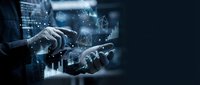 Business professional analyzing digital data analytics with holographic charts and graphs floating above hands in modern technology workspace.