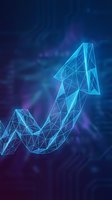 Glowing blue polygonal arrow pointing upward on dark background representing growth, success, progress and financial advancement in business analytics.