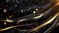 Elegant golden light waves flow across dark background with glowing bokeh particles and sparkles creating magical atmospheric effect for luxury designs.