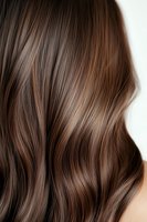 Close-up of glossy brown wavy hair showing natural highlights and texture against white background, demonstrating healthy hair care and styling results.