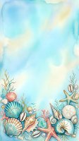 Watercolor ocean frame with seashells, starfish and coral on blue background for summer designs and marine themed projects.