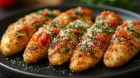 Grilled chicken tenders seasoned with herbs, spices and red pepper flakes, garnished with fresh parsley and served on black plate, close up view.