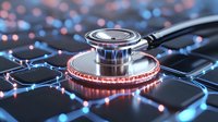 Medical stethoscope on digital circuit pattern with glowing red and blue lights, representing healthcare technology and digital medical innovations.