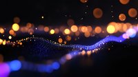Abstract digital wave with glowing particles and bokeh lights on dark background for technology presentations and futuristic design projects.