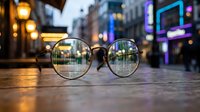 Eyeglasses on urban street with bokeh lights creating clear vision concept for optometry and sight correction in city environment at dusk.