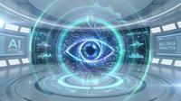 Futuristic AI eye interface with holographic data visualization in high-tech control room for artificial intelligence and big data analysis concepts.