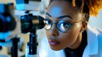 Young African American female scientist in glasses looking through microscope in research laboratory, wearing white coat, focused expression, natural curly hair styled up.
