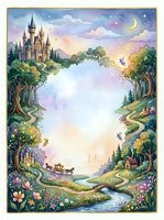 Enchanted fairy tale landscape with medieval castle, winding paths, magical forest, starry sky and crescent moon creating fantasy storybook border frame.