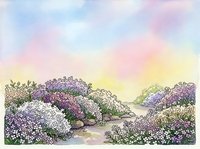 Watercolor painting of blooming lilac bushes in soft pastel colors creating dreamy spring garden landscape with purple and white flowers against colorful sky.