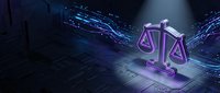Digital justice scales with purple neon glow on futuristic circuit board background representing legal technology and artificial intelligence in law.