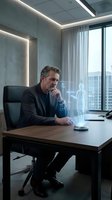 Mature Caucasian businessman in dark suit contemplating holographic projection in modern office with city view and contemporary lighting design.