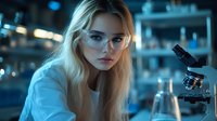 Young female scientist with blonde hair and protective glasses in research laboratory working late, illuminated by blue ambient lighting near microscope.