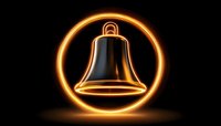 Glowing neon bell icon with orange light ring effect on dark background, notification symbol design for apps and digital interfaces.