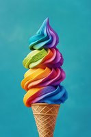 Rainbow swirled soft serve ice cream cone with vibrant colors against turquoise background, featuring layers of purple, blue, orange, yellow and pink frozen dessert.