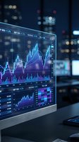 Financial trading dashboard displaying stock market charts and data analytics on computer monitor in modern office environment at night.