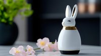 White ceramic bunny figurine with gold collar accent on marble surface next to delicate pink orchid flowers against dark background. Modern minimalist decor.
