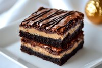 Layered chocolate brownie with creamy peanut butter filling and dark chocolate ganache drizzle on white plate, rich dessert texture close up for bakery menu.