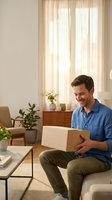 Happy Caucasian man in blue shirt opening cardboard package while sitting on sofa in modern living room with plants and natural light from window.