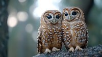 Pair of spotted owls perched together on tree branch against soft bokeh background, showing affectionate behavior and natural wildlife bonding moment.