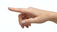 Female hand pointing finger gesture isolated on white background for touchscreen interface and presentation design.