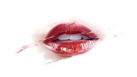 Sensual red glossy lips with artistic smear effect on white background, makeup close-up shot for cosmetics and beauty advertising.