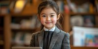 Young Asian girl in professional gray suit smiling confidently in library setting, representing education, success, and childhood development concepts.
