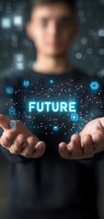 Digital network with glowing "FUTURE" text floating between hands against dark background with bokeh lights, representing innovation and technology advancement.