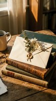 Vintage envelope with dried flowers resting on antique books beside a coffee mug on a rustic wooden table in warm golden sunlight.