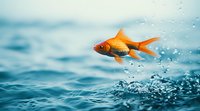 Orange goldfish swimming in blue ocean water with splashing droplets and waves creating dynamic motion effect, suitable for aquatic and nature designs.