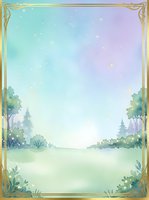 Enchanted forest landscape with golden ornate frame, pastel gradient sky transitioning from turquoise to lavender, misty meadow, scattered trees, and magical sparkles. Isolated design element for invitations, greeting cards, and fantasy-themed projects.