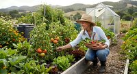 Woman harvesting fresh vegetables in organic garden with greenhouse and mountain landscape background for sustainable farming lifestyle.