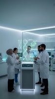 Medical team analyzing DNA data with holographic projections in modern laboratory discussing genetic research and biotechnology innovations.