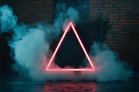 Glowing pink neon triangle floating in turquoise smoke against dark brick wall background, creating mysterious atmospheric scene with reflection on wet surface.