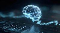 Glowing digital brain hologram floating over financial charts and data analytics, representing artificial intelligence in financial technology.