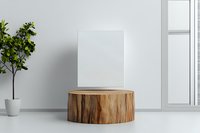 Minimalist display setup with wooden tree stump pedestal and frosted glass cube against white wall, decorative plant in corner creates natural accent.