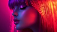 Side profile portrait in vibrant neon lighting with pink and purple gradient background showcasing dramatic makeup, straight bangs and long hair in artistic studio setup.