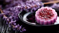 Handmade lavender soap bar with floral pattern on dark plate surrounded by dried lavender sprigs on rustic wooden surface for natural skincare and aromatherapy.