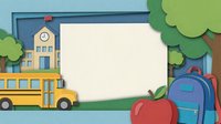 Back to school frame with school bus, house, apple and backpack on isolated background, ready for educational design projects, posters, invitations and classroom materials.