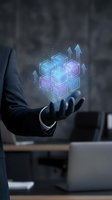 Businessman holding holographic blockchain cubes with upward arrows representing digital transformation and cryptocurrency growth in modern office.