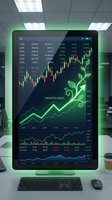 Digital tablet displaying financial growth charts with green plant motif symbolizing sustainable investment and eco-friendly business development in modern office.