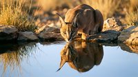 Wild caracal cat drinking water from natural pool with perfect reflection during golden hour sunset in African savanna wilderness habitat.