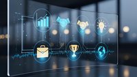 Digital business analytics dashboard with glowing icons showing growth charts, handshake, lightbulb, trophy and globe on transparent interface in modern office.