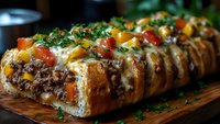 Stuffed bread loaf with ground meat, melted cheese, colorful bell peppers and fresh herbs on wooden cutting board for comfort food recipes.
